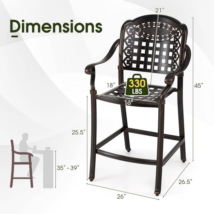 Dimensions of a copper cast aluminum outdoor bar stool, 25.5-inch height, supports up to 330 lbs, ideal for patio use.