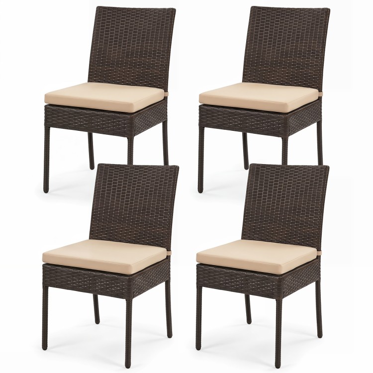 Set of 4 brown patio rattan wicker dining chairs with soft, removable cushions for outdoor dining comfort.