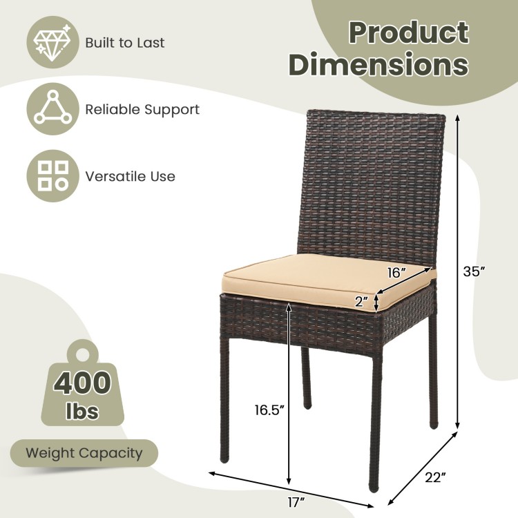 Brown patio rattan wicker dining chair with soft removable cushion, designed for outdoor use and strong stability.