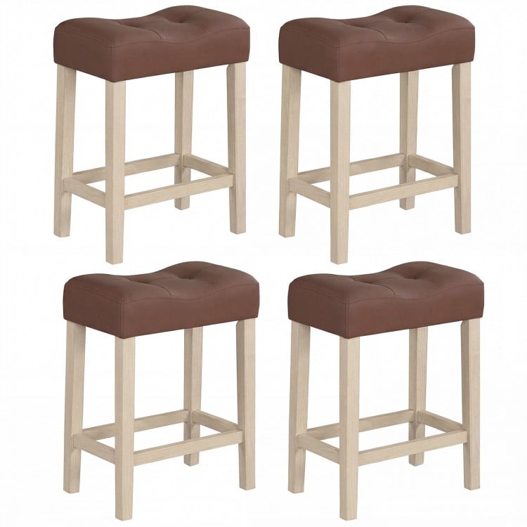 Set of 4 upholstered counter height bar stools with curved saddle seats in brown, perfect for kitchen or bar use.