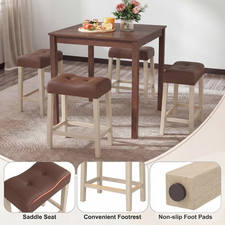 Upholstered counter height bar stools with curved saddle seats, tufted design, and non-slip foot pads for kitchen use.