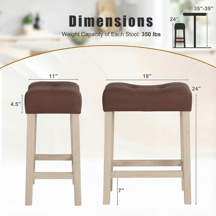 Upholstered counter height bar stools with curved saddle seats, featuring a natural rubber wood frame and plush.