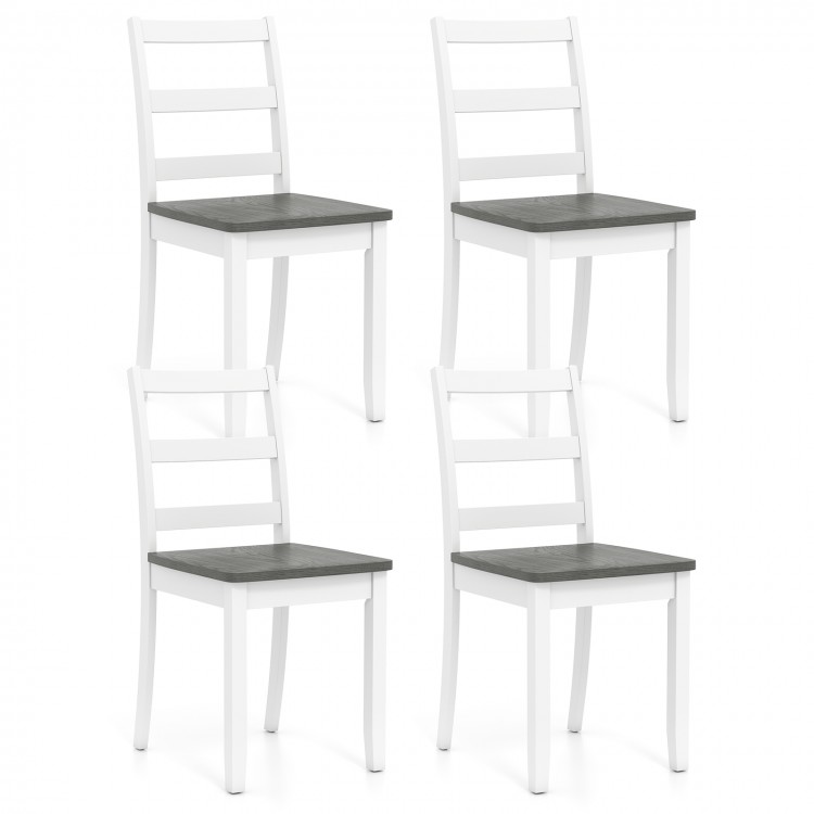 Set of 4 gray wood dining chairs with solid rubber wood legs, featuring a ladder back design for comfort and stability.