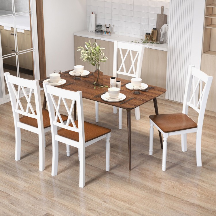 Elegant farmhouse kitchen chair with rubber wood seat and cross backrest, designed for comfort and style in dining.