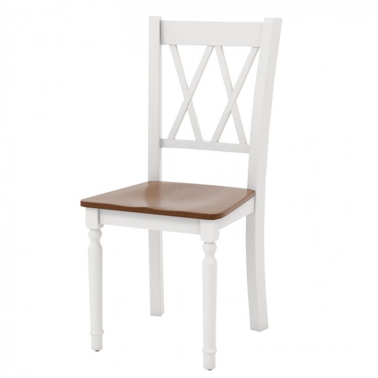 White farmhouse kitchen chair with rubber wood seat and cross backrest, perfect for home or cafe use.