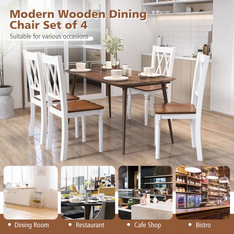 Set of 4 wooden farmhouse kitchen chairs with rubber wood seats, featuring a modern design for dining rooms and cafes.