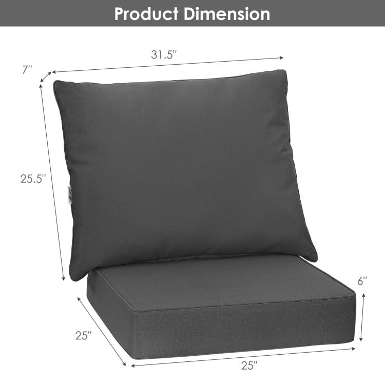 Gray deep seat chair cushion pads set dimensions with thick backrest and rope belts for indoor and outdoor use.
