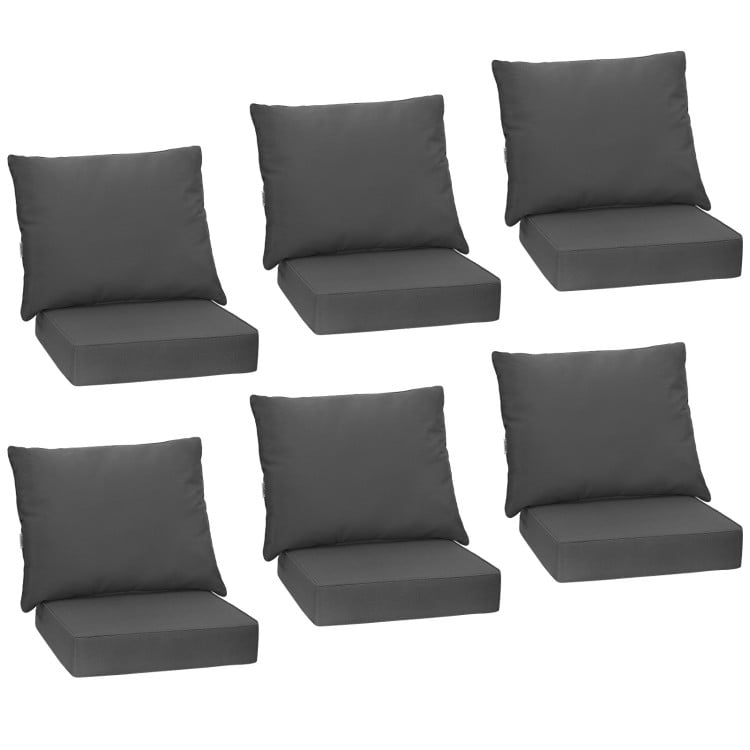 Set of 6 gray deep seat chair cushion pads with soft backrests and rope belts for indoor and outdoor use.