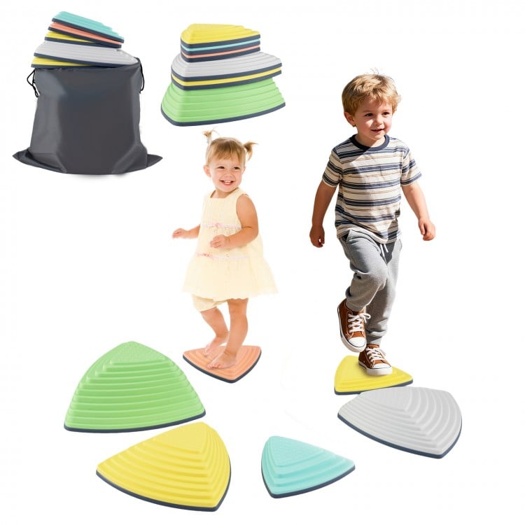 Colorful set of 6 non-slip balance stones for kids, stackable design with storage bag, ideal for play and coordination.