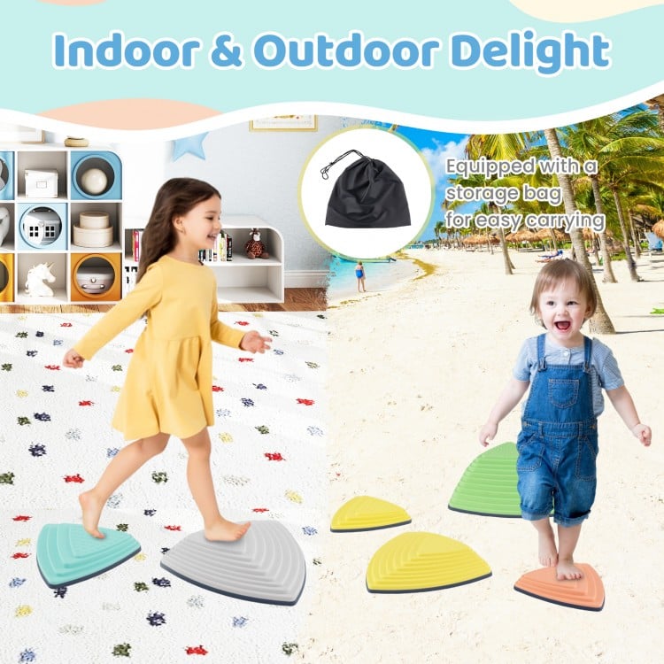 Colorful set of 6 non-slip balance stones for kids, ideal for indoor and outdoor play, with a convenient storage bag.