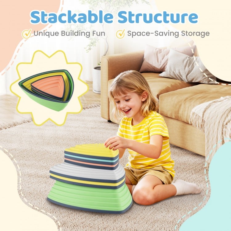 Colorful set of 6 non-slip balance stones stacked for kids' play, promoting coordination and safe fun, with storage bag.