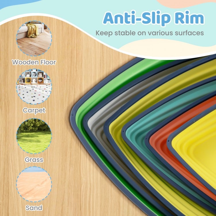 Set of 6 non-slip balance stones with anti-slip rim, ideal for kids' play on various surfaces, includes storage bag.