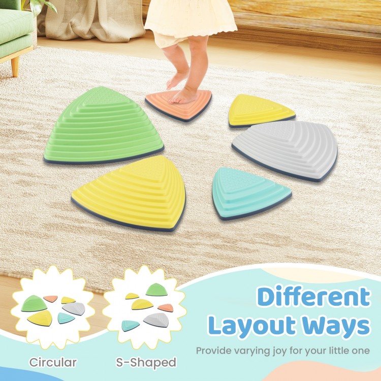 Set of 6 non-slip balance stones in various colors for kids, promoting coordination and fun play in different layouts.