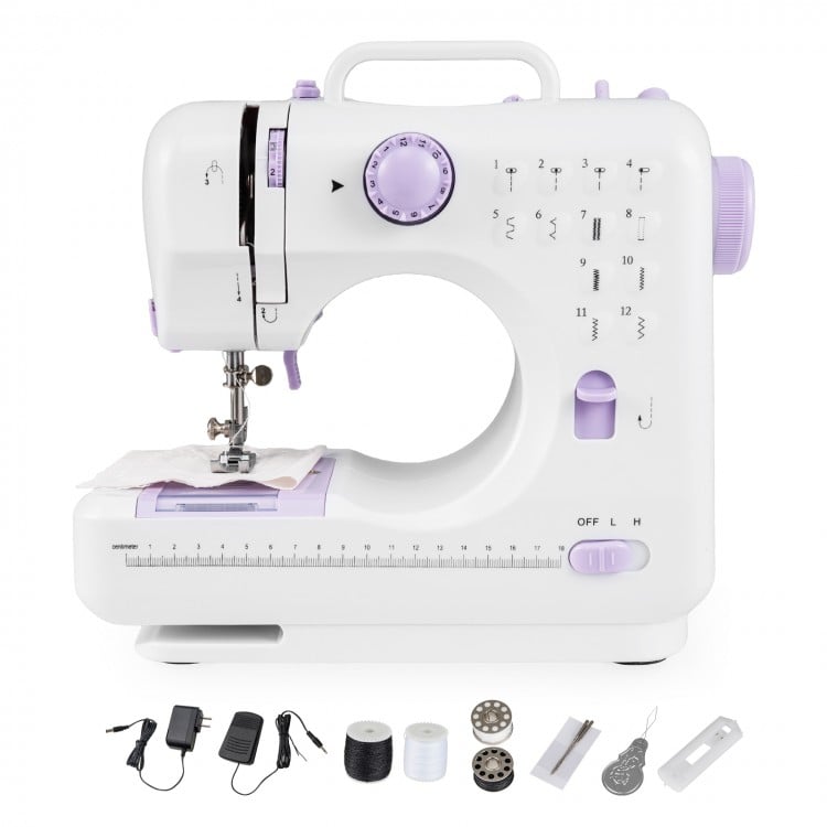 Mini sewing machine with 12 built-in stitches, portable design, ideal for beginners and home DIY projects.