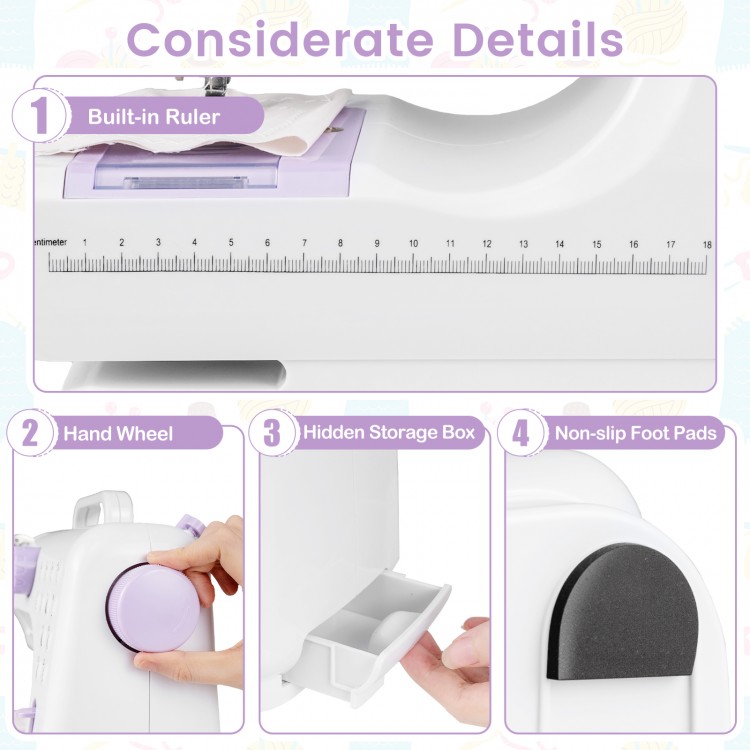 Built-in ruler and hand wheel on the mini sewing machine for beginners, featuring hidden storage box and non-slip foot.