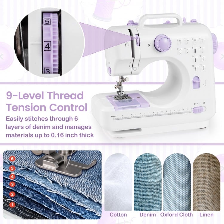 Mini sewing machine with 12 built-in stitches, 9-level thread tension control, ideal for cotton and denim sewing.