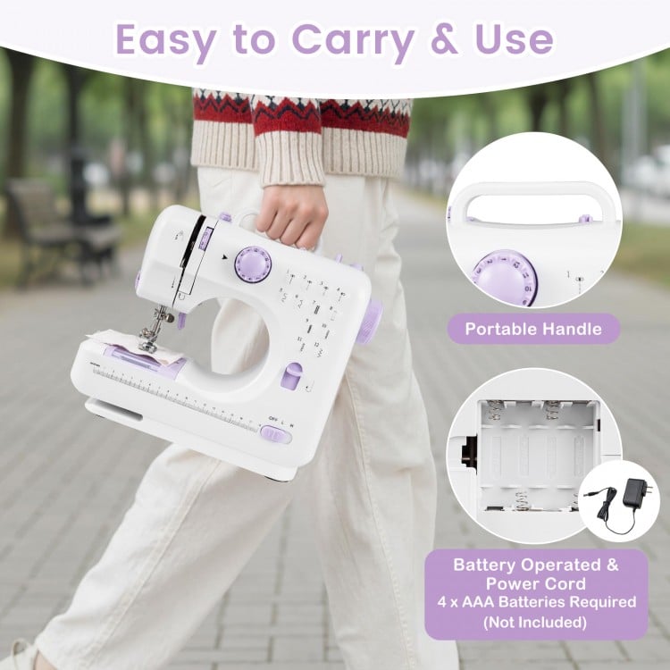 Mini sewing machine with portable handle, featuring 12 built-in stitches and battery or power cord operation for.