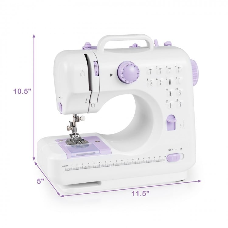 Mini sewing machine in white and lavender with 12 built-in stitches, ideal for beginners and home DIY projects.