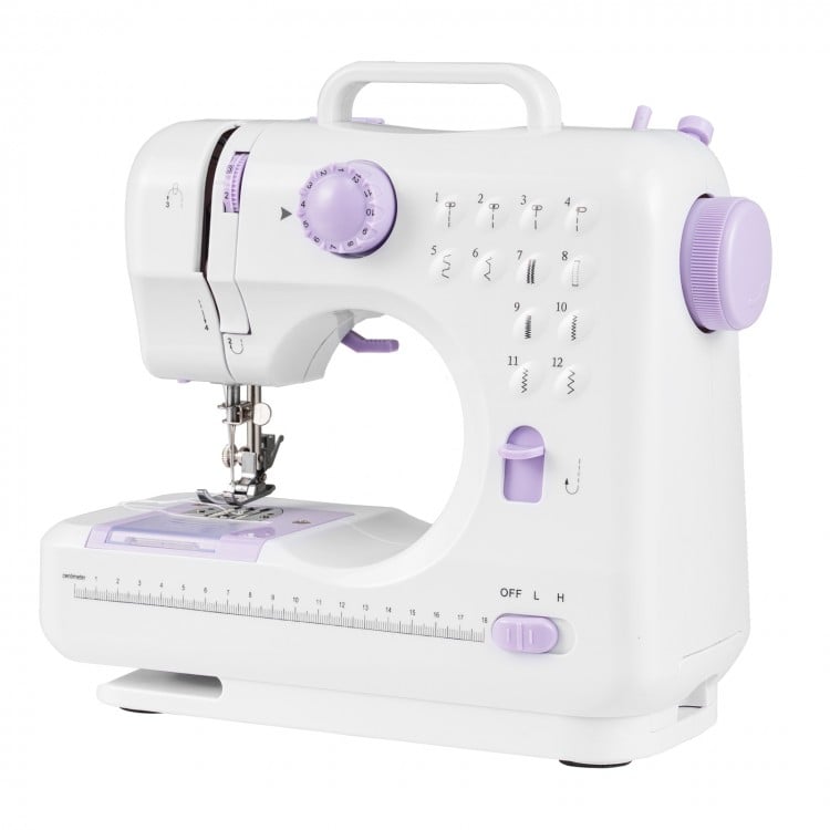 Mini sewing machine with 9-level thread tension control and reverse stitching, perfect for various fabrics and DIY.