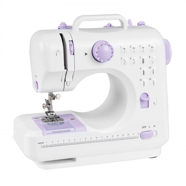 Mini sewing machine with foot pedal control and easy stitch selection, perfect for beginners tackling various fabrics.