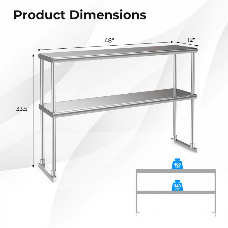 Stainless steel overshelf with adjustable lower shelf, measuring 48"x12", ideal for home kitchen or restaurant storage.