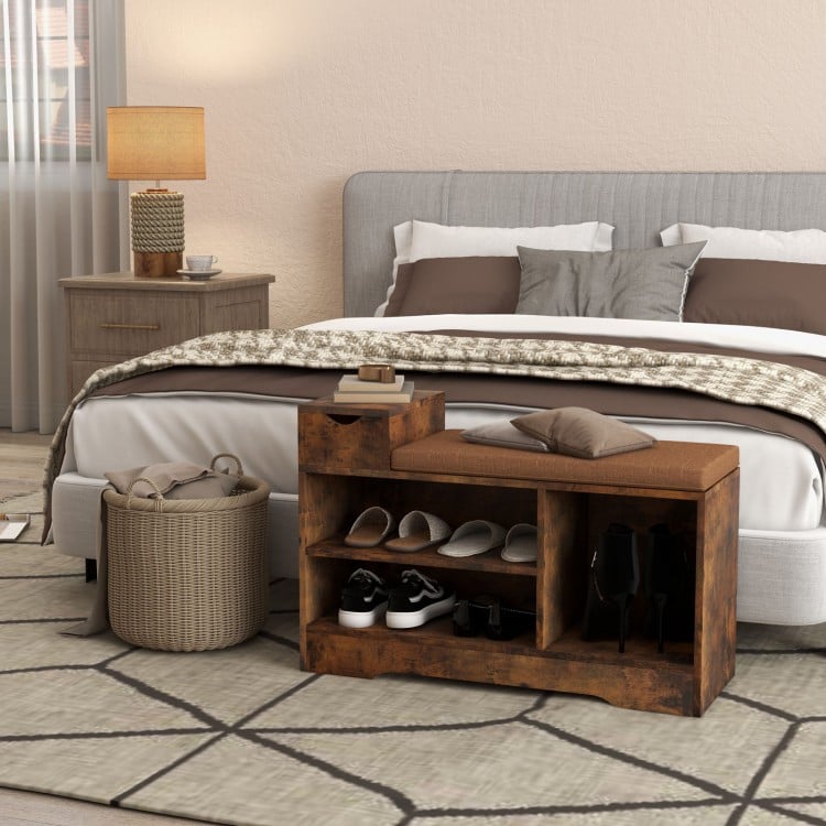 Rustic brown entryway storage shoe bench with 1 drawer and 3 open compartments, perfect for keeping shoes organized.