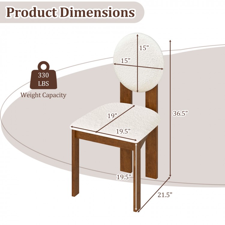 Sherpa dining chair dimensions with rubber wood legs, featuring a round backrest and wide seat for comfort and support.