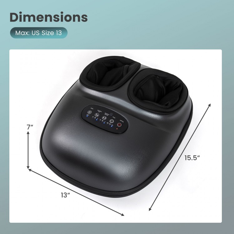 Shiatsu foot massager with air compression, heat settings, and compact design, ideal for US size 13, for relaxing tired.