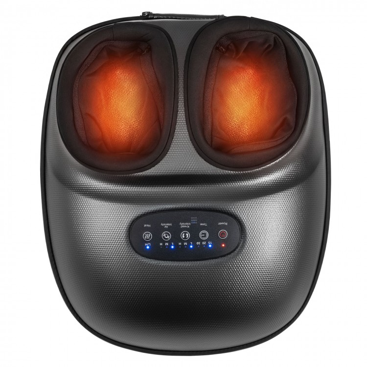 Shiatsu foot massager in black with heat and air compression, featuring a user-friendly control panel for customized.