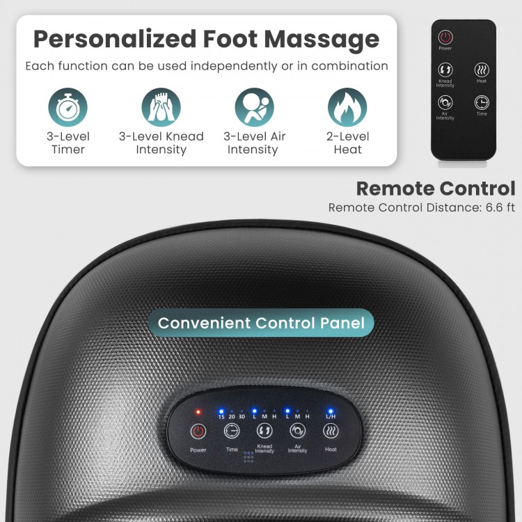 Shiatsu foot massager machine in black with remote control, featuring heat and air compression for personalized comfort.