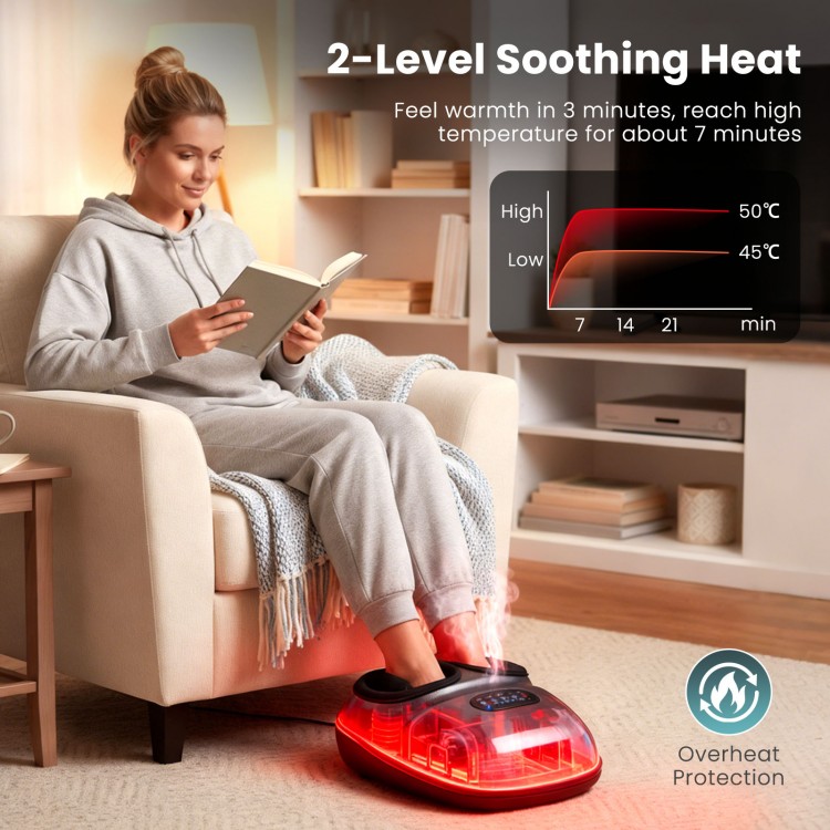 Shiatsu foot massager in black with 2-level heat and air compression, designed for deep kneading and relaxation.