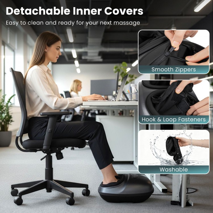 Shiatsu foot massager with detachable covers, air compression, and heat for customized foot relaxation and comfort.