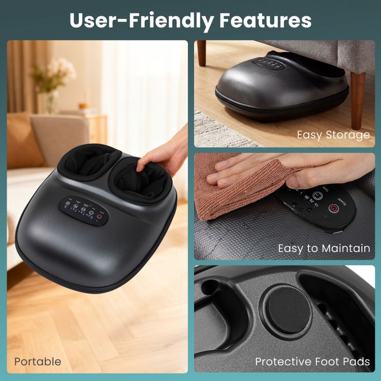 Shiatsu foot massager with air compression and heat features, compact design for easy storage and portability.