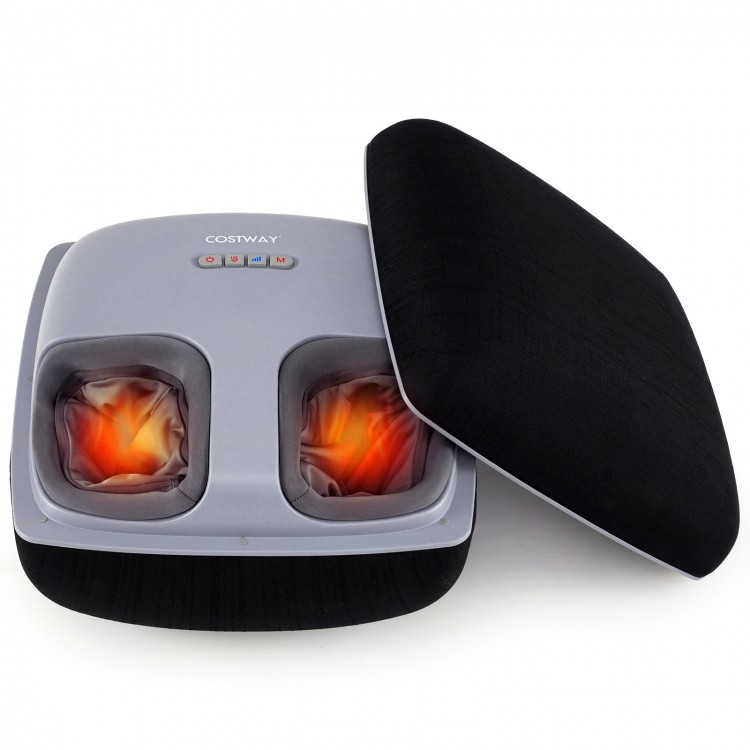Shiatsu foot massager in black with heat, 3 intensity levels, and air compression for customized relaxation.