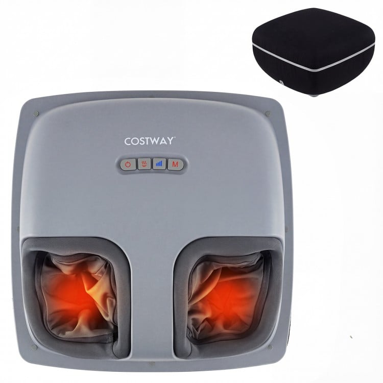 Shiatsu foot massager in black with heat, 3 intensity levels, and air compression for customized relaxation and comfort.