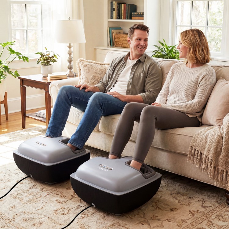 Shiatsu foot massager in black with air compression and heat, providing customized relaxation for couples on a sofa.