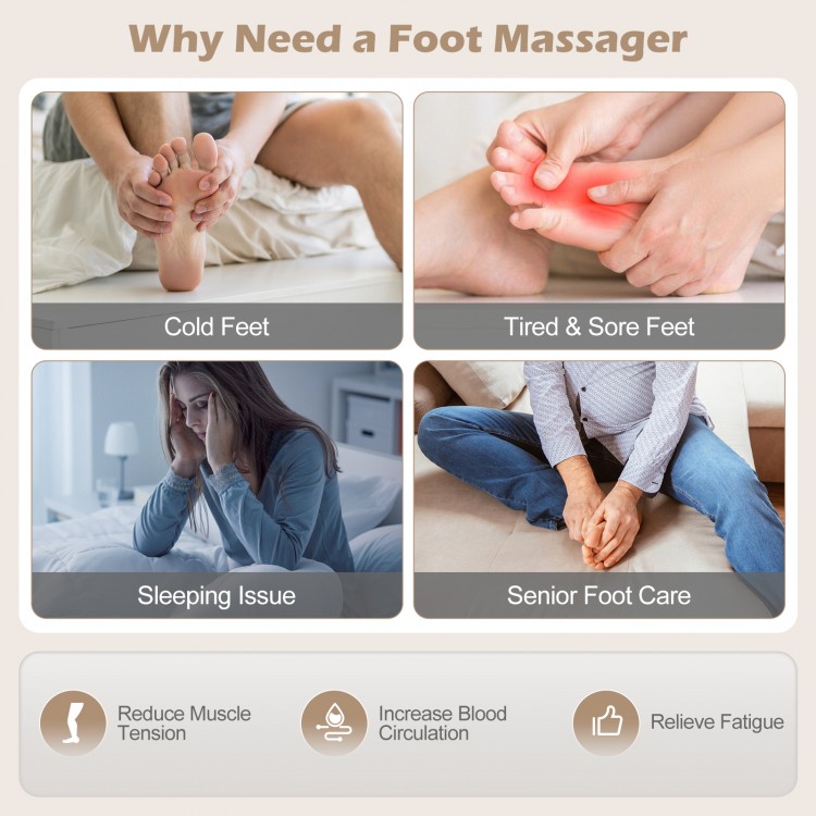 Shiatsu foot massager in black with air compression and heat, designed for deep kneading and personalized comfort.