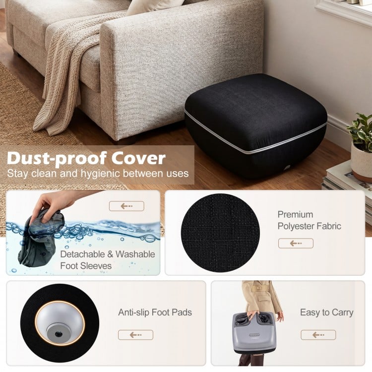Shiatsu foot massager in black with dust-proof cover, featuring washable foot sleeves and anti-slip pads for stability.