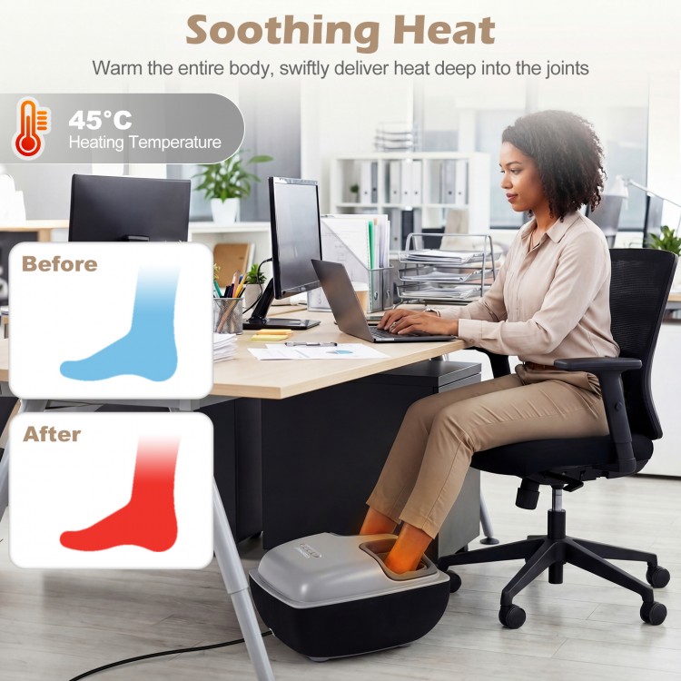 Shiatsu foot massager in black with heat and air compression, providing soothing relief for tired feet at a desk.