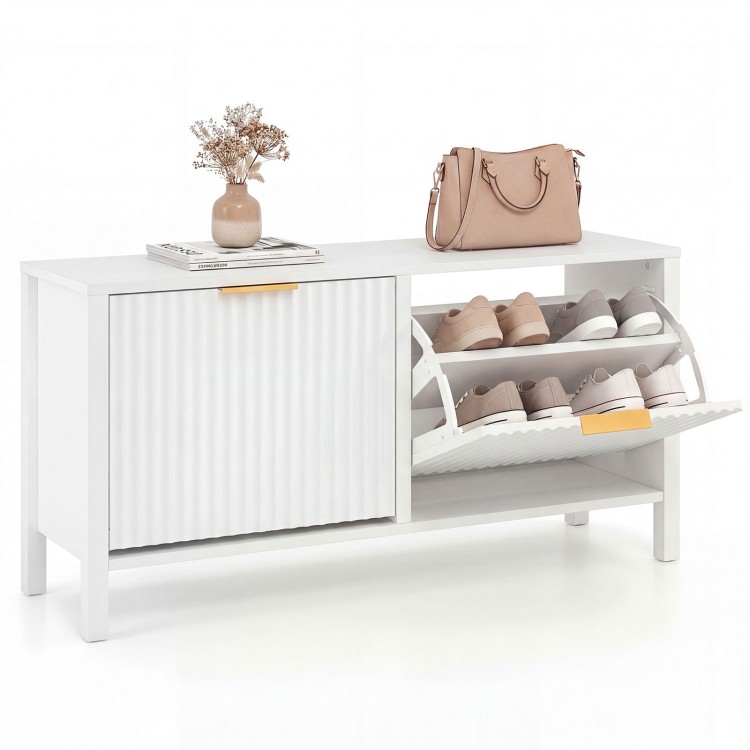 Narrow white shoe storage bench with fluted doors, featuring two flip drawers for organized shoe storage in entryways.