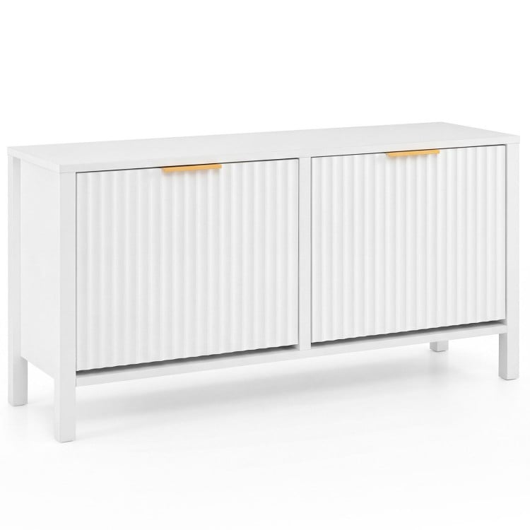 White shoe storage bench with elegant fluted doors, featuring a sturdy design and elevated base for easy cleaning.
