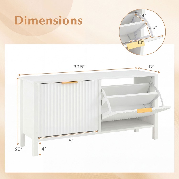 Shoe storage bench with two flip drawers, white finish, adjustable shelves, ideal for entryways and living rooms.