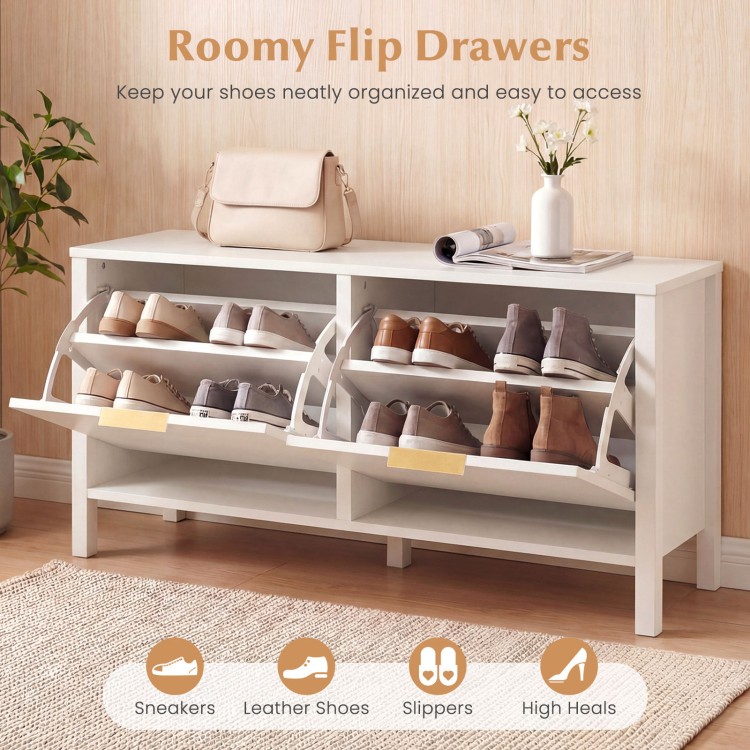 Shoe storage bench with two flip drawers in white, featuring adjustable shelves for organized footwear in entryways.