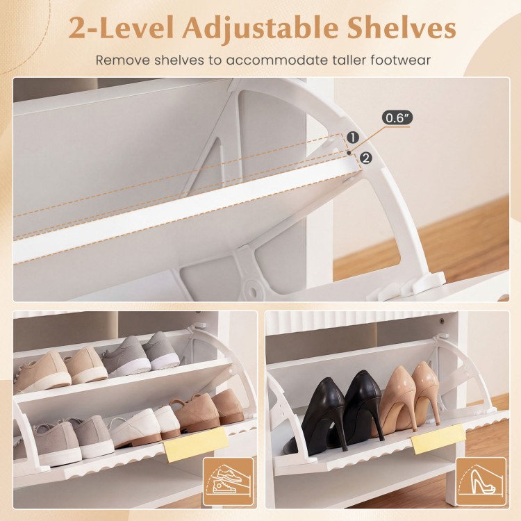 Narrow white shoe storage bench with 2-level adjustable shelves for varying shoe heights, ideal for entryways.