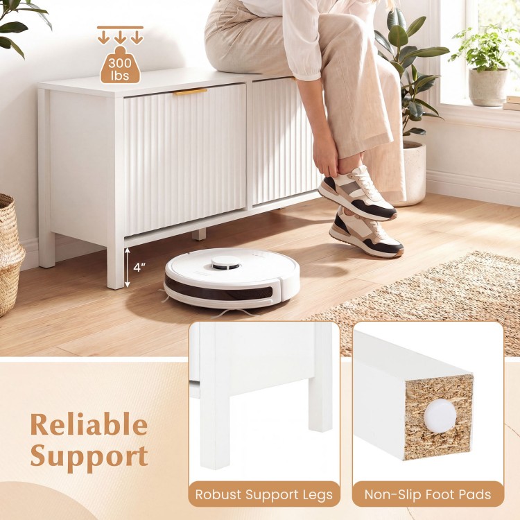 Narrow white shoe storage bench with two flip drawers, robust support legs, and non-slip foot pads for entryway.