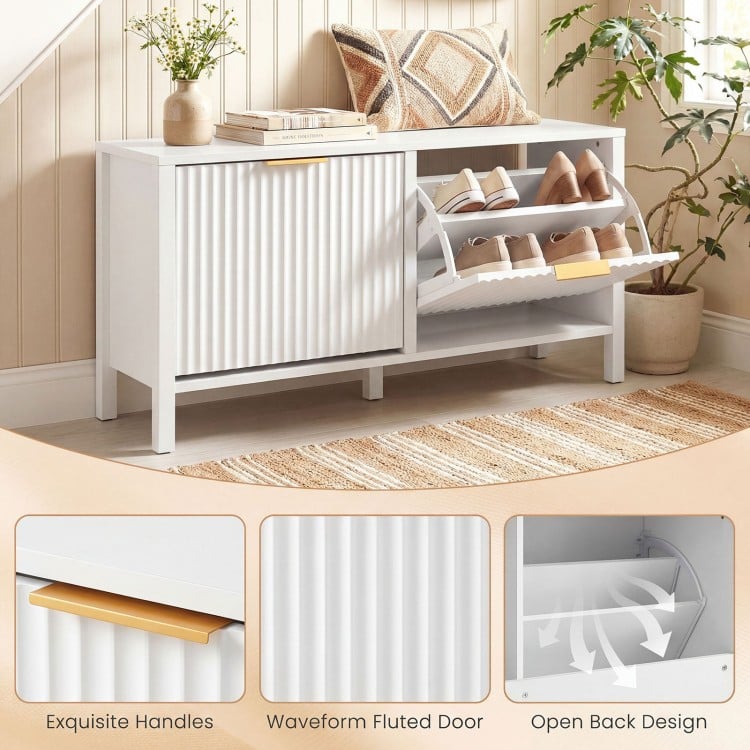 Narrow white shoe storage bench with fluted doors, two flip drawers, and adjustable shelves for organized entryway.