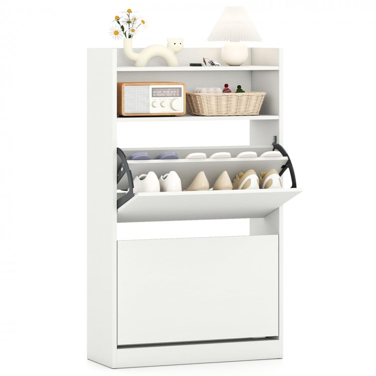 Shoe storage cabinet in white with 2 flip drawers, adjustable shelves, and top shelf for entryway or living room use.