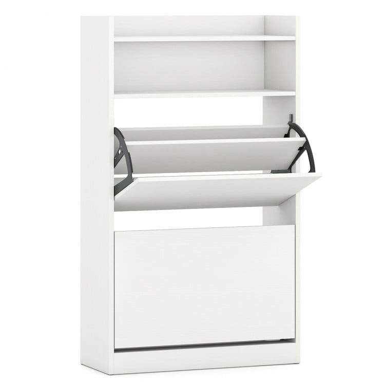 Shoe storage cabinet in white with 2 flip drawers and adjustable shelves, ideal for entryway or hallway organization.