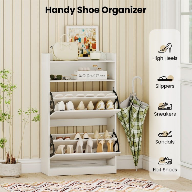 Shoe storage cabinet in white with adjustable shelves and flip drawers, ideal for organizing shoes in entryway or.