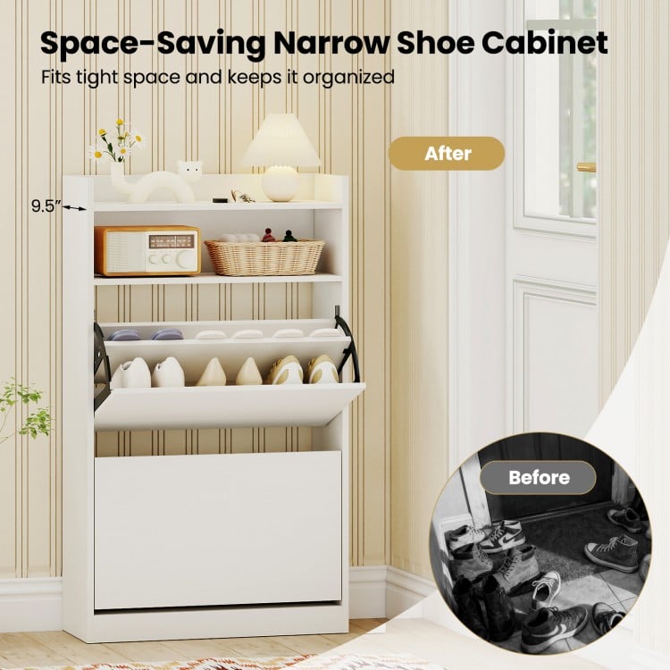 Narrow white shoe storage cabinet with adjustable shelves and 2 flip drawers, ideal for entryway organization.